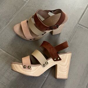 Wood Block Summer Heels with Tri-Colored Straps